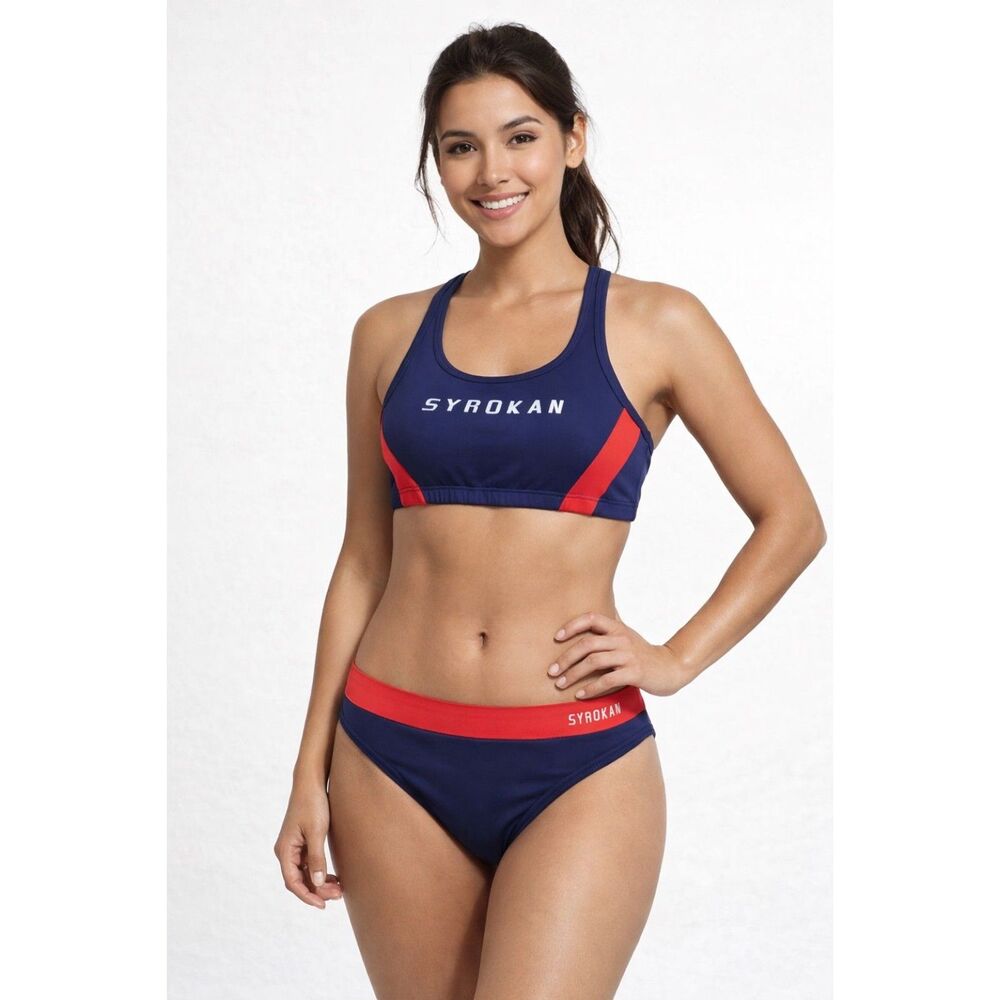 Size XS- SYROKAN Sport Bikini Set Blue Red Racerback Athletic Swimsuit 2-Piece